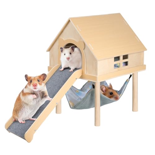 LUCKYBOPAN Meerschweinchenversteck - Meerschweinchen-Spielzeug aus Holz mit Treppe und Matte und Hängematte, abnehmbares Doppeldecker-Haus für Hamster, Chinchilla, Frettchen, Meerschweinchen, Zubehör von LUCKYBOPAN