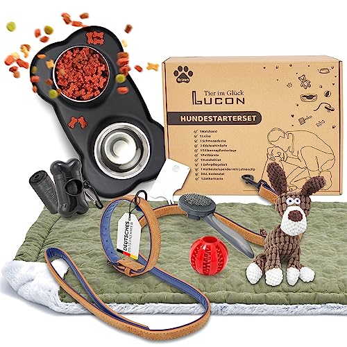 LUCON Hundestarterset Hunde Zubehör Geschenkset bestehend aus Hundespielzeug Hundeleine Hundehalsband Hundedecke Hundebürste Hundenapf Kotbeutel Zeckenkarte Welpen Set von LUCON