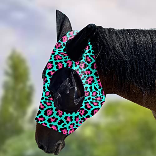 Upgrade UV-Fliegenmaske für Pferde, mit Ohren, Sonnenschutz, Lycra, leise, elastisch, mit Ohrenschutz, grüner Leopardenmuster von LUESBOEK