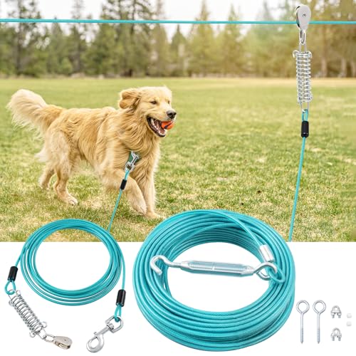 LUFFWELL Hundeläufer für Hof, 60 m lange Hundeleine mit 4,5 m Seilzug, Hunde-Auslaufkabel für schwere Hunde bis zu 113 kg, Hunde-Trolley-Läufersystem für große Hunde im Hof, Park und draußen, Eisblau LUFFWELL Hundeläufer für Hof, 60 m lange Hundeleine mit 4,5 m Seilzug, Hunde-Auslaufkabel für schwere Hunde bis zu 113 kg, Hunde-Trolley-Läufersystem für große Hunde im Hof, Park und draußen, Eisblau von LUFFWELL