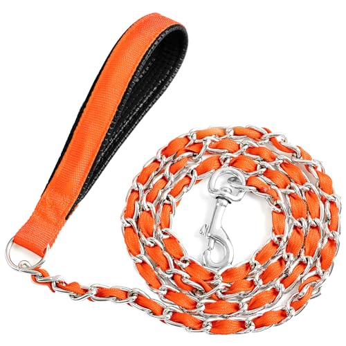 LUFFWELL Robuste Hundeleine aus Metall, kaufeste Hundeleine mit bequemem PU-Leder-Polstergriff, Metallkette und Nylonseil, Hundeleine für mittelgroße und große Hunde (1,8 m, 3,0 mm, Orange) von LUFFWELL