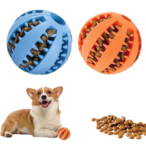 LUMOOM 2 Stück Hundespielzeug Ball, Interaktiver Leckerli-Spender, Intelligenz Ball, Robuste Hundeball Ø 5cm, Naturkautschuk Welpenspielzeug, Gummiball für Welpen (Blau+Orange) von LUMOOM