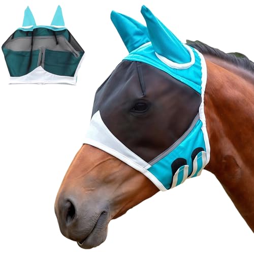 LUMOOM Fliegenmaske Pferd, Pferdemaske mit UV-Schutz, Pferdemaske mit Ohrenschutz, Fliegenohren Pferd, Fliegenhaube, Horse Fly Mask (S, Blau) von LUMOOM