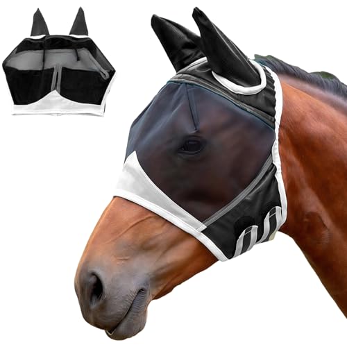 LUMOOM Fliegenmaske Pferd, Pferdemaske mit UV-Schutz, Pferdemaske mit Ohrenschutz, Fliegenohren Pferd, Fliegenhaube, Horse Fly Mask (S, Schwarz) von LUMOOM