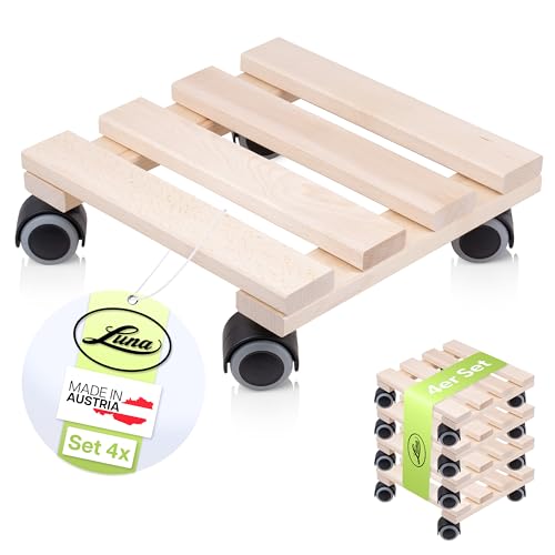 LUNA® Pflanzenroller eckig 4er Set - massives Buchenholz 100kg Traglast - Rollbrett Pflanzen - Blumenroller - Pflanzen Rollbrett - Blumentopf Untersetzer mit Rollen - 25x25cm - Made in Austria von LUNA