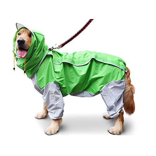 LUNLUN Wasserdichter Hunde-Regenmantel mit Kapuze für kleine, große, mittelgroße Hunde, leichte Jacke mit Loch für die Leine, vierbeinige Kapuze, winddicht und regenfest (Farbe: Grün, Größe: 22) von LUNLUN