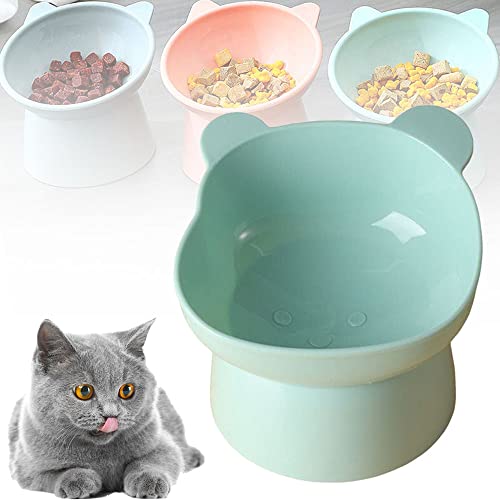 Ergonomic Cat Bowl, Katzenfutter- und Wassernapf-Set, Anti-Erbrechen-Katzenfutternäpfe, geneigte erhöhte Schalen für Katzen, kleine Hunde (Green,Bear) von LUOCY