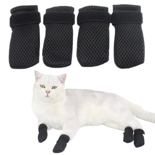 4 Stück Katzenschuhe, Katzen-Fäustlinge gegen Kratzen, atmungsaktive Netz-Schuhe sind verstellbar, geeignet zum Baden, Füttern und Trimmen von Nägeln (M, Schwarz) von LUODAKA
