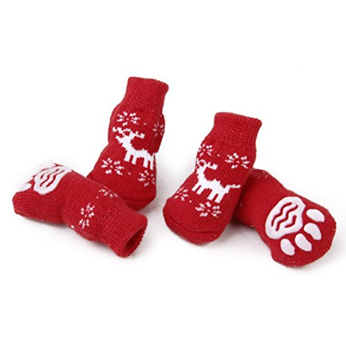LUOEM 4 Stück Anti Rutsch Socken Hunde Kleine Hundetatzenschutz Puppycat Socken Weihnachten Rentier mit Paw Prints Größe S von LUOEM