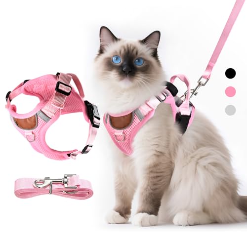 LUOJINYI Verstellbares Katzengeschirr mit Leine Ausbruchsicher, Katze Brustgeschirr mit Reflektierend Streifen & Atmungsaktiv Netzgewebe, Softgeschirr für Katzen Kätzchen Welpen (Rosa, S) von LUOJINYI