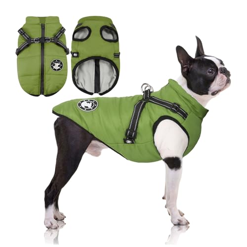 LUOWAN Hundemantel Wasserdicht, Hundemantel Französische Bulldogge, Warme Weste mit Hundegeschirr, Verschiedene Größen,Hundejacke für Kleine Hunde (L, Green) von LUOWAN