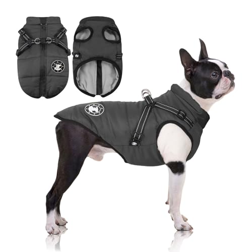 LUOWAN Hundemantel Wasserdicht, Hundemantel Französische Bulldogge, Warme Weste mit Hundegeschirr, Verschiedene Größen,Hundejacke für Kleine Hunde (S, Black) von LUOWAN