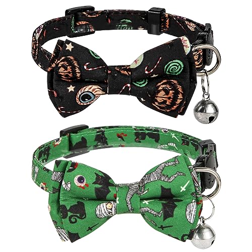 2 Stück Halloween Katzenhalsband, 30 x 1cm Verstellbares Katzenhalsband mit Glöckchen Katzenhalsbänder mit Glöckchen für Hunde Kätzchen Dekorationszubehör (Grün, Schwarz) von LUTER