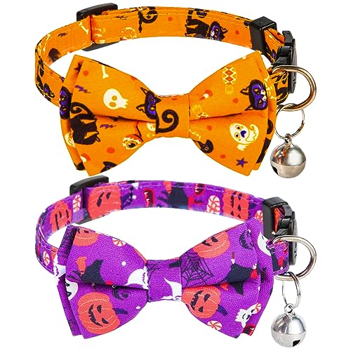 2 Stück Halloween Katzenhalsband, 30 x 1cm Verstellbares Katzenhalsband mit Glöckchen Katzenhalsbänder mit Glöckchen für Hunde Kätzchen Dekorationszubehör (Orange, Lila) von LUTER
