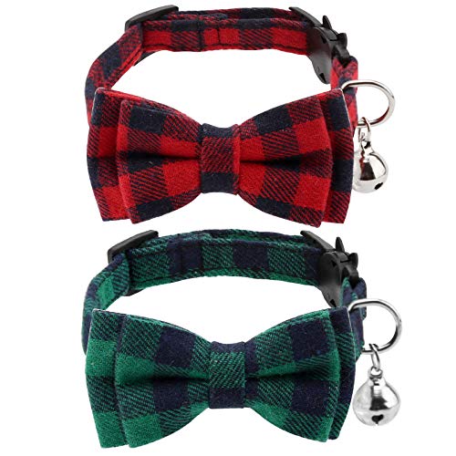 Luter 2 Teiliges Weihnachts Plaid Katzenhalsband mit Fliege und Glocken, Verstellbare Halsbänder für Sicherheitshalsband Katzen, Kätzchen, Hunde Halstuch Welpenzubehör (Rot, Grün) von LUTER