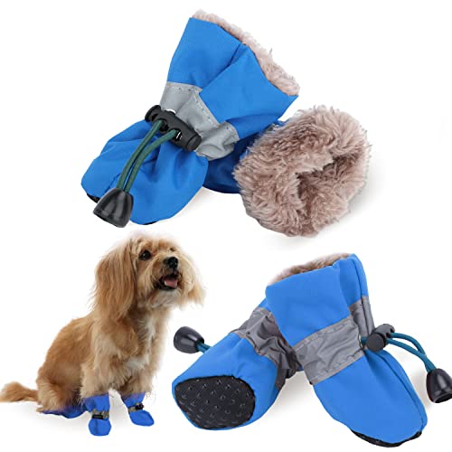 LUZGAT Hunde Warme Schuhe Hundestiefel Pfotenschutz für den Winter Kleine Mittlere Hunde mit Anti-Rutsch-Sohle und Plüsch 4 Stück (Blau, 5) von LUZGAT