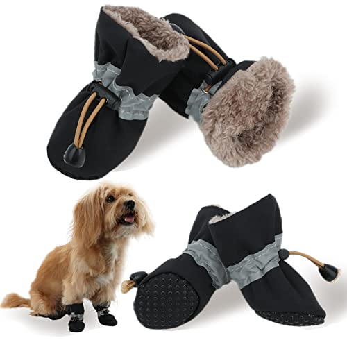 LUZGAT Hunde Warme Schuhe Hundestiefel Pfotenschutz für den Winter Kleine Mittlere Hunde mit Anti-Rutsch-Sohle und Plüsch 4 Stück (Schwarz, 1) von LUZGAT