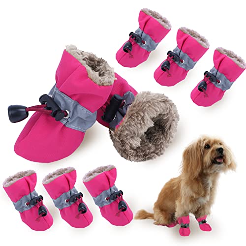LUZGAT Hundestiefel, Pfotenschutz, Winterstiefel für kleine Hunde, mit rutschfester Sohle und Plüsch, für warmen Schnee, Spaziergänge im Freien, 8 Stück (Rosa + Rosa, Größe 6) von LUZGAT