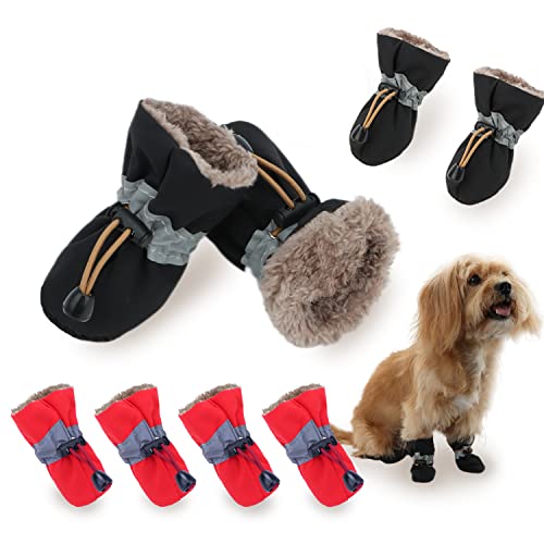 LUZGAT Hundestiefel, Pfotenschutz, Winterstiefel für kleine Hunde, mit rutschfester Sohle und Plüsch, für warmen Schnee, Spaziergänge im Freien, 8 Stück (schwarz + rot, Größe 2) von LUZGAT