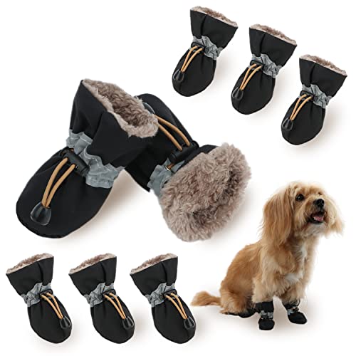LUZGAT Hundestiefel, Pfotenschutz, Winterstiefel für kleine Hunde, mit rutschfester Sohle und Plüsch, für warmen Schnee, Spaziergänge im Freien, 8 Stück (schwarz + schwarz, Größe 1) von LUZGAT