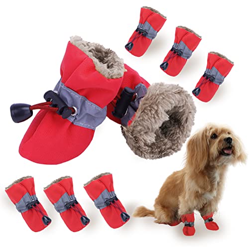 LUZGAT Warme Hundestiefel, Pfotenschutz, mehrteilig, für den Winter, für kleine und mittelgroße Hunde, mit rutschfester Sohle und Plüsch, 8 Stück (Rot + Rot, Größe 7) von LUZGAT