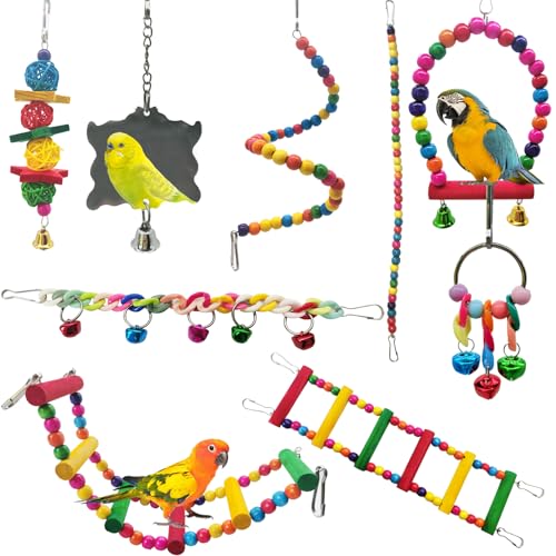 LWINGFLYER Vogelspielzeug Papagei Schaukel Papagei Kauen Naturholz Hängende Glocke Vogelkäfig Schaukel Spielzeug Geeignet für hängendes Spielzeug Vogelkäfig Zubehör（7 Stück ） von LWINGFLYER