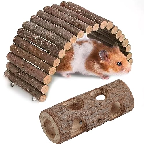 Stegleiter aus Naturholz für Hamster, Ratten, Maus, Meerschweinchen, Chinchilla, Frettchen, Reptilien, Kleintiere, Käfig, Holzversteck (1 Brücke 27,9 cm und 1 Tunnel 20,1 cm) von LWINGFLYER