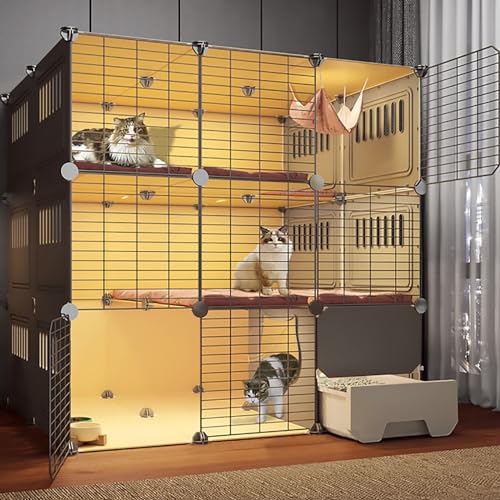 LXMBHAM Katzenschrank, 3-stöckige große Katzenhütte, Katzenkäfig mit Katzentoilette, DIY-Katzenlaufstall für Kleintiere im Innenbereich, abnehmbar (Größe: 109 x 95 x 109 cm) Warm as Ever von LXMBHAM