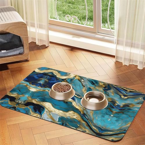 Azurit Blaugrün und Folie, goldfarbenes Öl-Marmor-Muster, saugfähige Leder-Tischdecke für Hunde und Katzen, Haustierfuttermatte für Hunde und Katzen von LXqlSS