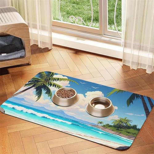 Saugfähige Leder-Tischdecke für Hunde und Katzen, Motiv: Palme über blauem Meer, Ozeanmuster, Futtermatte für Hunde und Katzen von LXqlSS