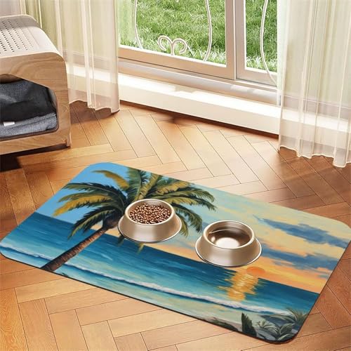 Saugfähige Leder-Tischdecke für Hunde und Katzen, Motiv: Palme über blauem Meer, Ozeanmuster, Futtermatte für Hunde und Katzen von LXqlSS