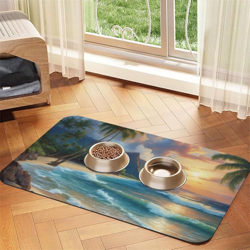 Saugfähige Leder-Tischdecke für Hunde und Katzen, Motiv: Palme über blauem Meer, Ozeanmuster, Futtermatte für Hunde und Katzen von LXqlSS