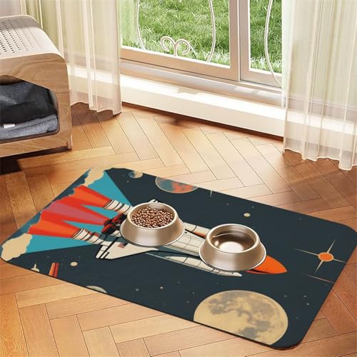 Saugfähige Leder-Tischdecke für Hunde und Katzen, Motiv: Rakete im Weltraum, Futtermatte aus Leder für Hunde und Katzen von LXqlSS