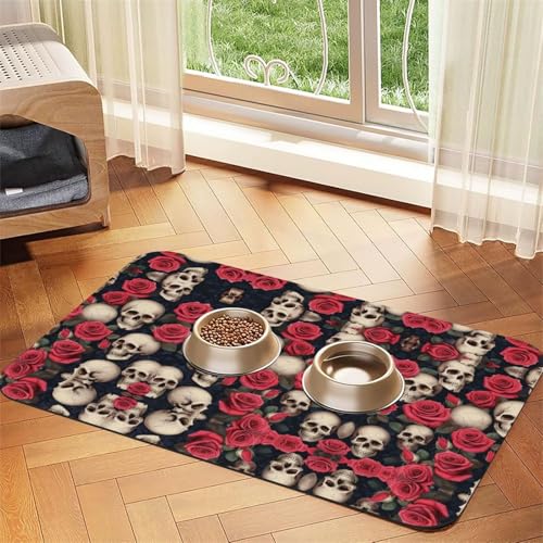 Saugfähige Leder-Tischdecke für Hunde und Katzen, Motiv: Rose und Totenkopf, Futtermatte aus Leder für Hunde und Katzen Saugfähige Leder-Tischdecke für Hunde und Katzen, Motiv: Rose und Totenkopf, Futtermatte aus Leder für Hunde und Katzen von LXqlSS