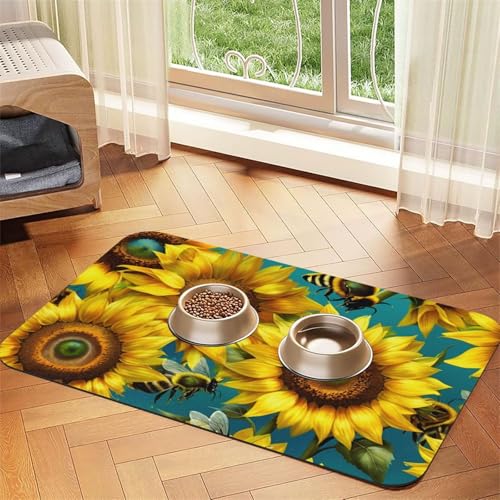 Saugfähige Leder-Tischdecke für Hunde und Katzen, Motiv: Sonnenblumen, Bienen, Futtermatte aus Leder für Hunde und Katzen von LXqlSS