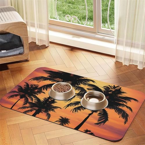 Saugfähige Leder-Tischdecke für Hunde und Katzen, Palmenaufdruck, Futtermatte aus Leder für Hunde und Katzen von LXqlSS