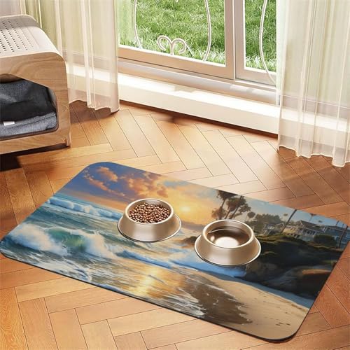 Saugfähige Leder-Tischdecke für Hunde und Katzen, Palmenaufdruck, Futtermatte aus Leder für Hunde und Katzen von LXqlSS