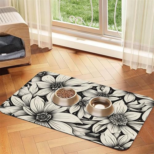 Saugfähige Leder-Tischdecke für Hunde und Katzen, mit Blumendruck, Futtermatte aus Leder für Hunde und Katzen von LXqlSS