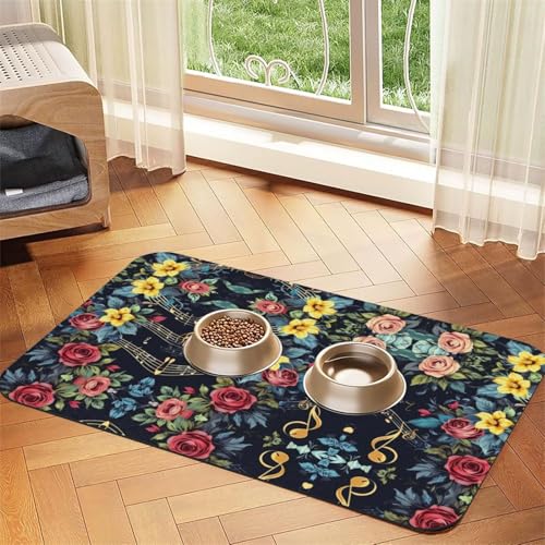 Saugfähige Leder-Tischdecke für Hunde und Katzen, mit Musiknoten-Blumendruck, Futtermatte aus Leder für Hunde und Katzen von LXqlSS
