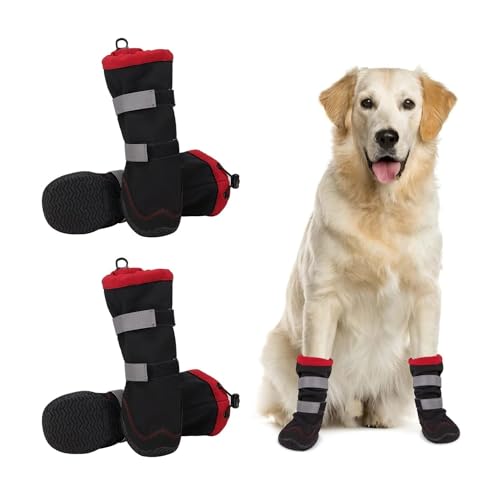 LYCICILI hundeschuhe 4PCS Outdoor wasserdichte rutschfeste reflektierende hohe Stiefel, for kleine mittelgroße Hunde Winterhundeschneestiefel (Color : Red(4Pcs), Size : 7) von LYCICILI