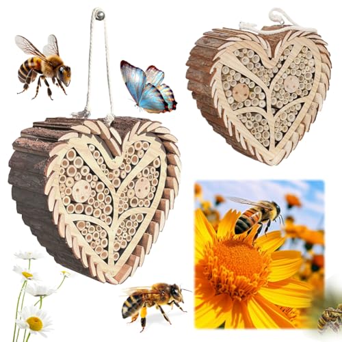 LYEAA Herzförmiges Holzhaus mit Bambusröhren Bienenstock Insektenhotel für Garten von LYEAA