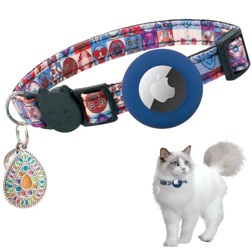 Airtag Katzenhalsband, mit Apple Airtag-Halter und Glocke, für Mädchen, Jungen, Katzen, 1,1 cm breit und leicht (blau-rot) von LYQOQYL
