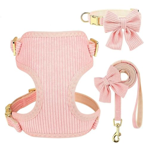 LYVQZPWLRHund mit Werkzeug, 3-teiliges Hundehalsband- und Leine-Set, atmungsaktive Geschirre aus weichem Samt, Welpenhalskette mit Schleife, Haustier-Laufseil for Mops(Roze,Small) von LYVQZPWLR