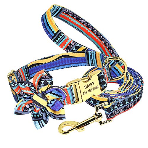 LYVQZPWLRHund mit Werkzeug, Haustierleinen, Bohemia Custom Hundehalsband, Hundeleine, Nylon, mit Blumenmuster, personalisiertes Hundehalsband(Blue Set,Large) von LYVQZPWLR