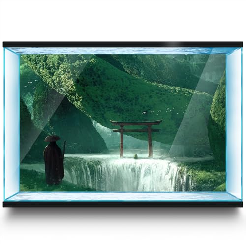 LYYAB Aquarium Hintergrund Aufkleber Torii Wasserfall Grün Aquarium Reptilien Terrarium Dekor Poster (60 x 30 cm) von LYYAB