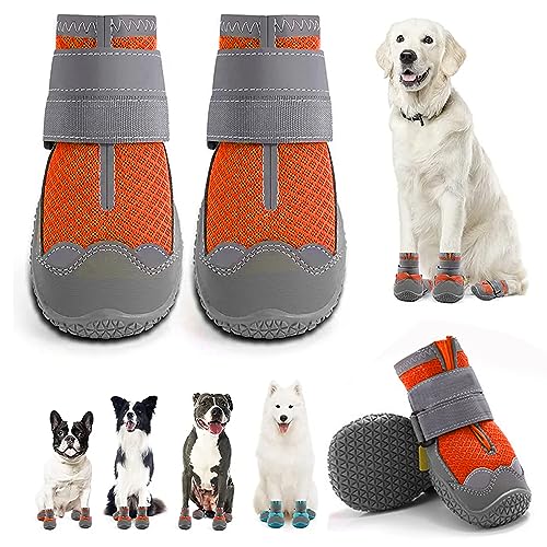 LZLUCKCOME Hundeschuhe Pfotenschutz, 4 Stück Breathable Hundeschuhe, mit Reflektierenden Riemen, Schuhe für den Hund, Klettverschluss Schneeschuhe für Hunde Outdoor Sport (2 Zoll, Orange) von LZLUCKCOME