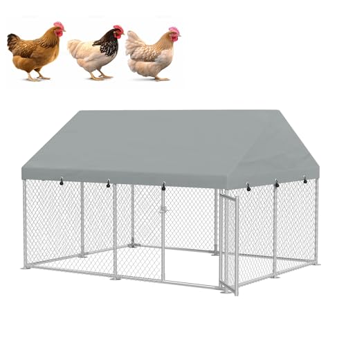 LZQ Hühnerstall Freilaufgehege Hühner Hühnergehege 250x200x165cm Verzinkter Stahlrahmen Haustierkäfig Hühnerhaus Geflügelstall mit Sonnenschutz Dach und Tür Freigehege für Hühner Hasen Kleintiere von LZQ