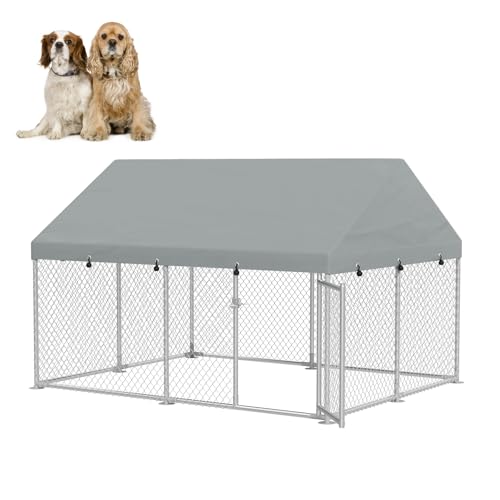 LZQ Hundezwinger Hundehütte Outdoor aus Verzinktem Stahl Hundekäfig mit Dach aus 420D Oxford-Gewebe 250x200x165cm Hundehaus Welpenlaufstall mit Verschließbares Riegelsystem, Silber von LZQ