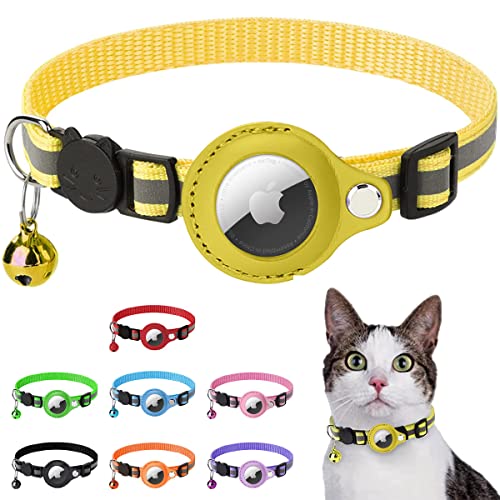 LZXLXS Airtag Katzenhalsband Breakaway, Reflektierendes Kätzchenhalsband mit Apple Air Tag Halterung und Glocke für Mädchen Junge Katzen, Gelb von LZXLXS