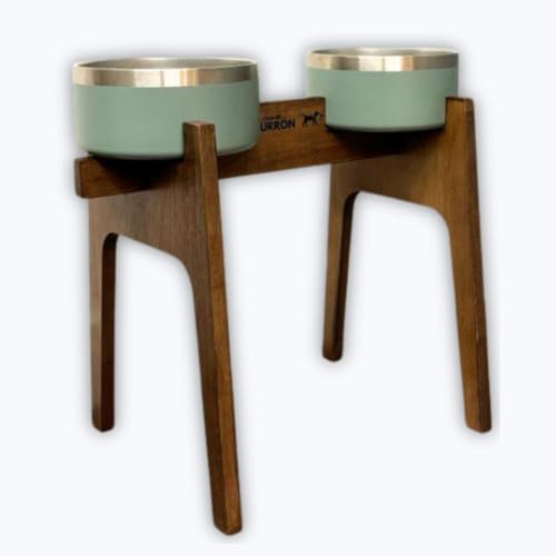 Hoher Doppelnapf für Hunde und Katzen – ergonomisch, aus Holz und Edelstahl – leicht zu reinigen, rutschfest (Aquamarin, 26 cm) von La Casa de Turrón